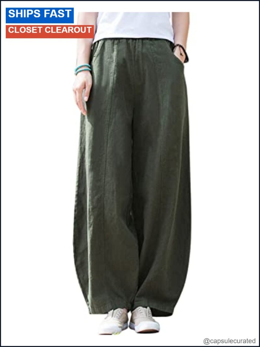 Linen Cotton Wide Leg Pants Elastic Waist Palazzo Casual